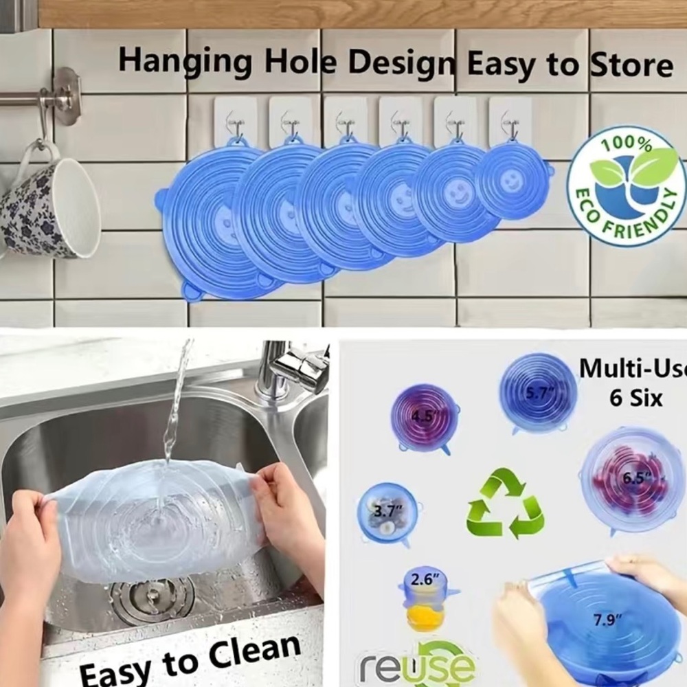 6pcs convenient BPA FREE Washable Silicone covers!! Say bye bye to cling wrap